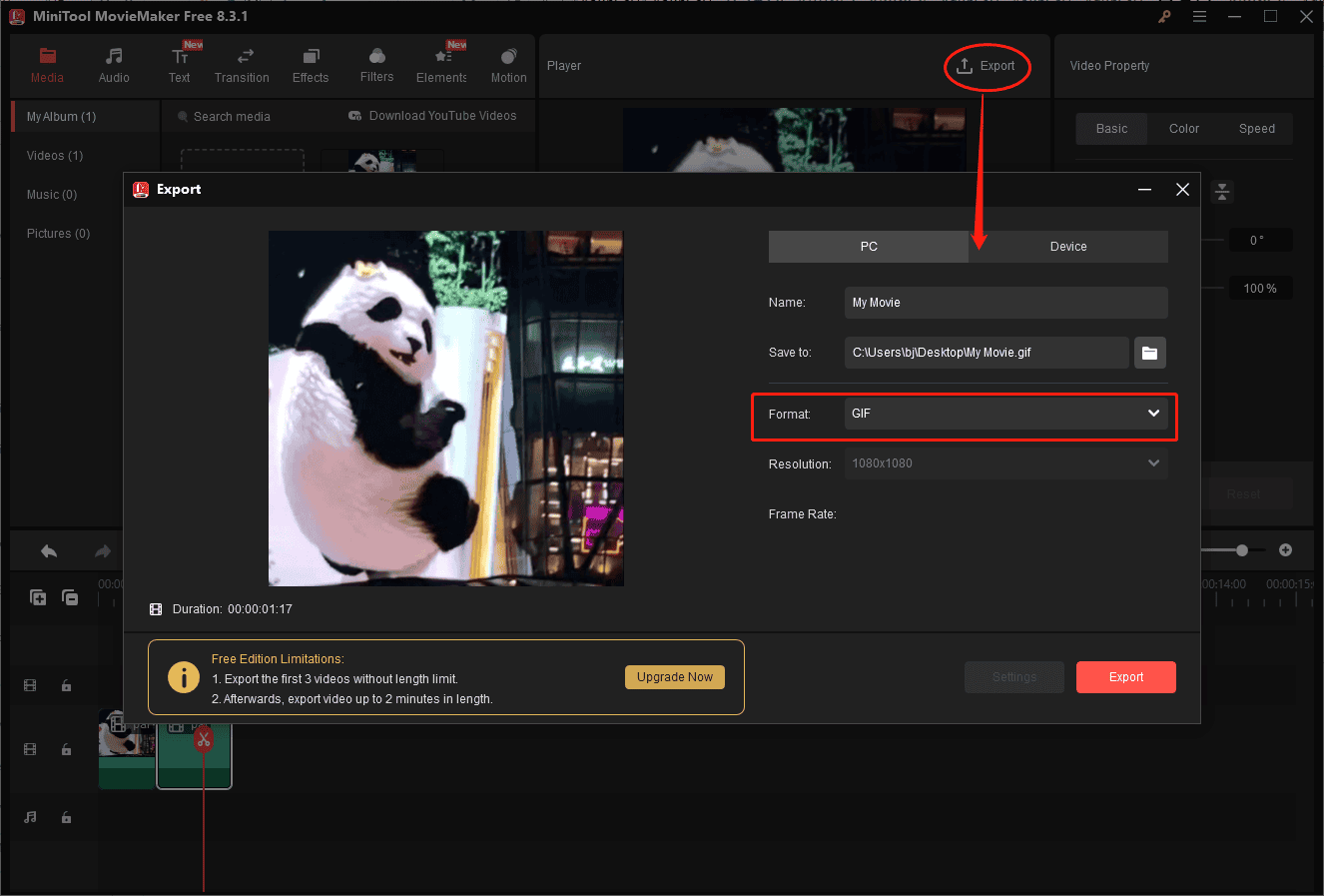 Export the GIF from MiniTool MovieMaker
