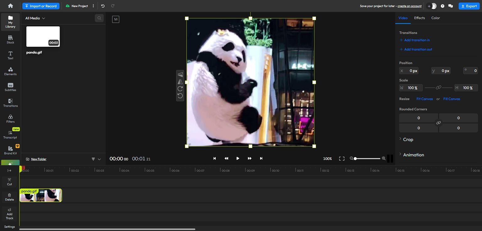 The editing interface of Flixier’s GIF editor