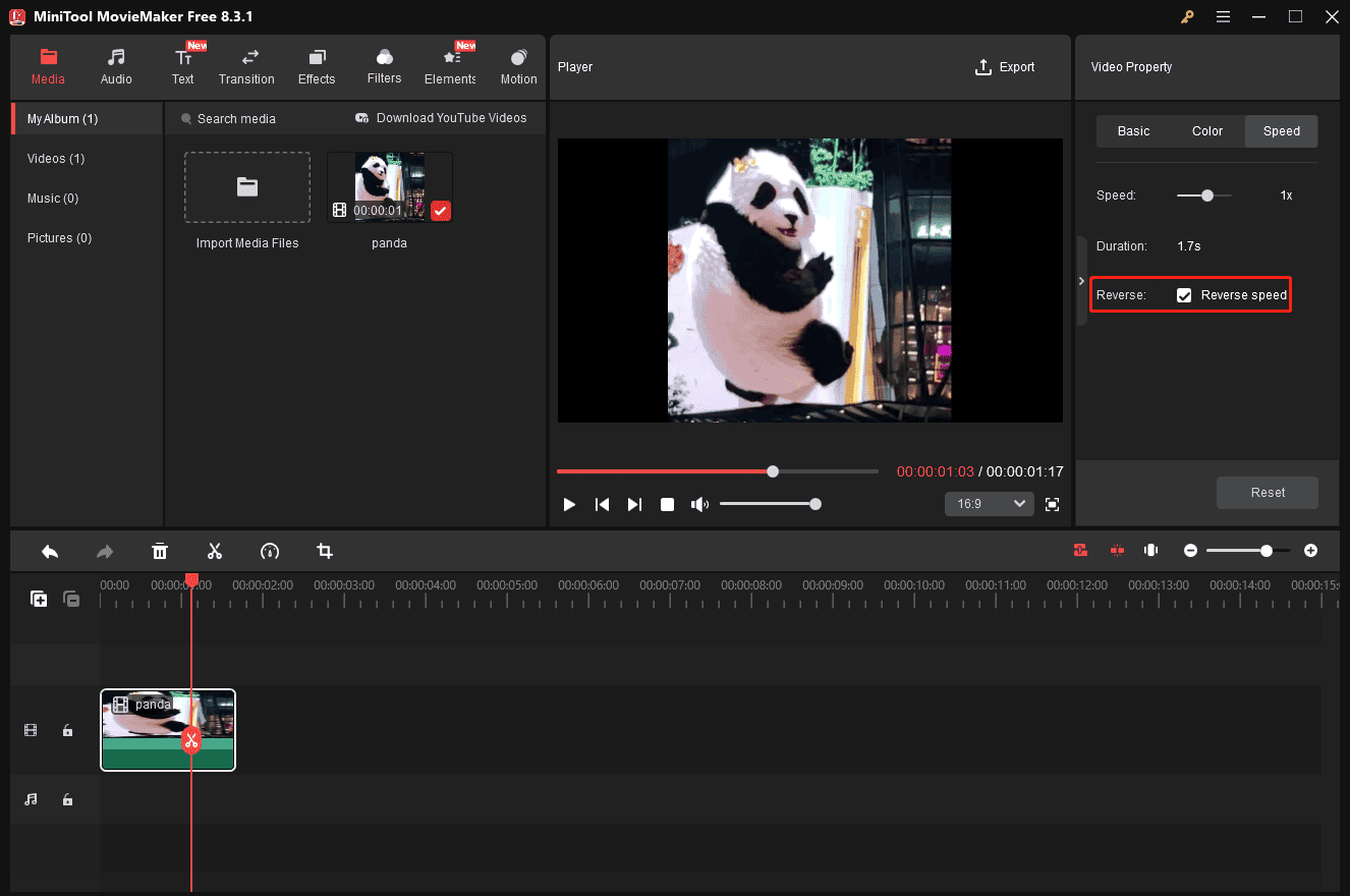 Check the Reverse speed option to reverse the GIF in MiniTool MovieMaker