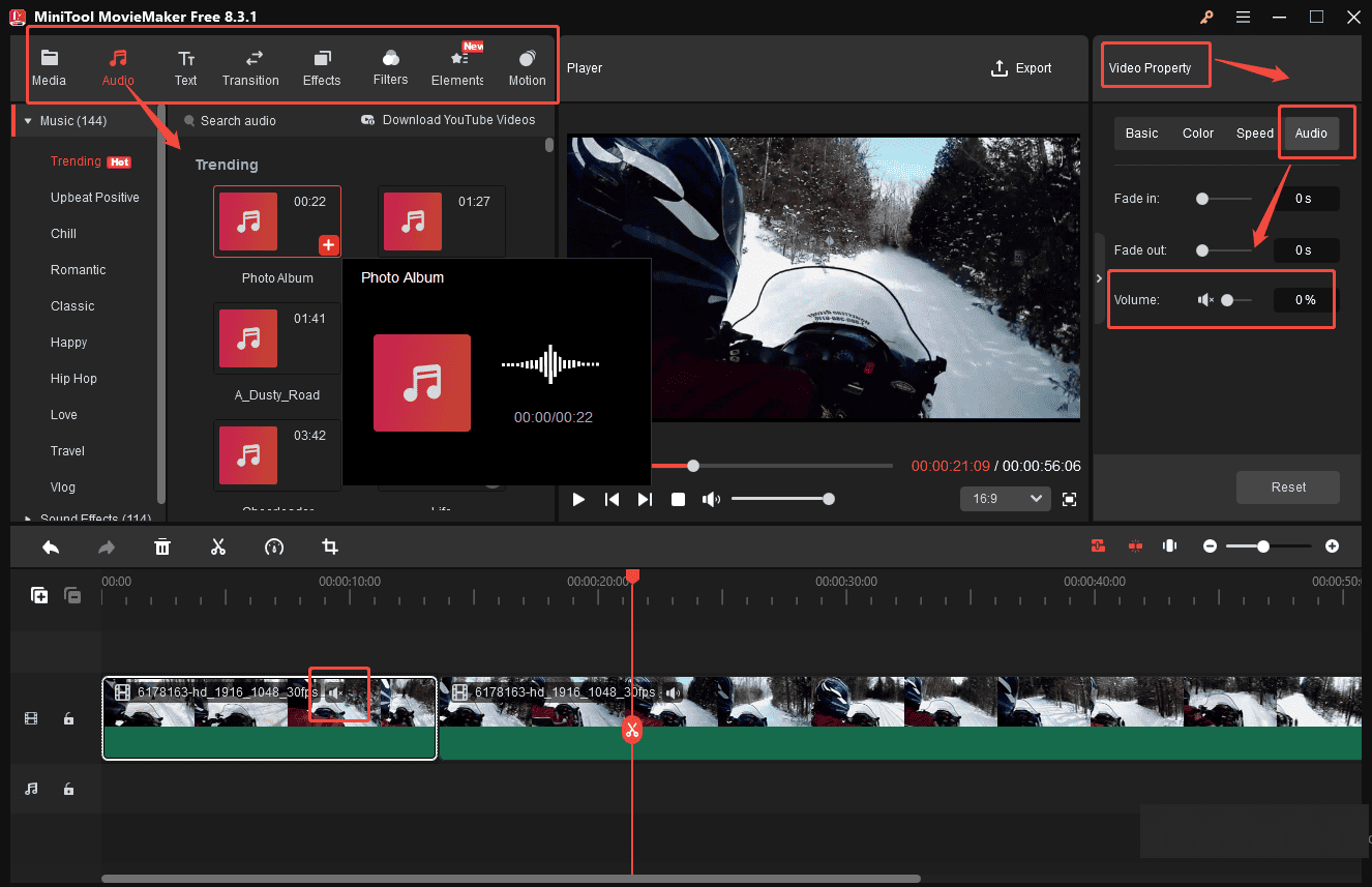 Remove the original audio and add new background music to your video in MiniTool MovieMaker