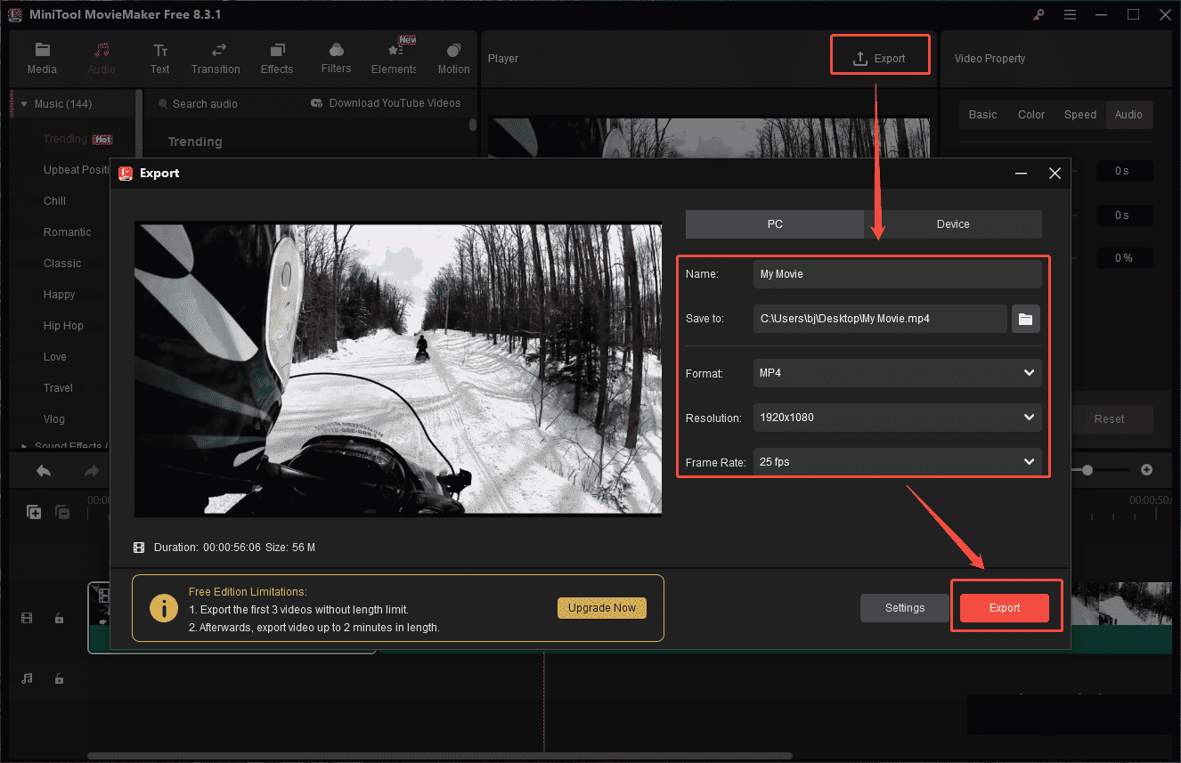 Click Export and customize your video format in MiniTool MovieMaker