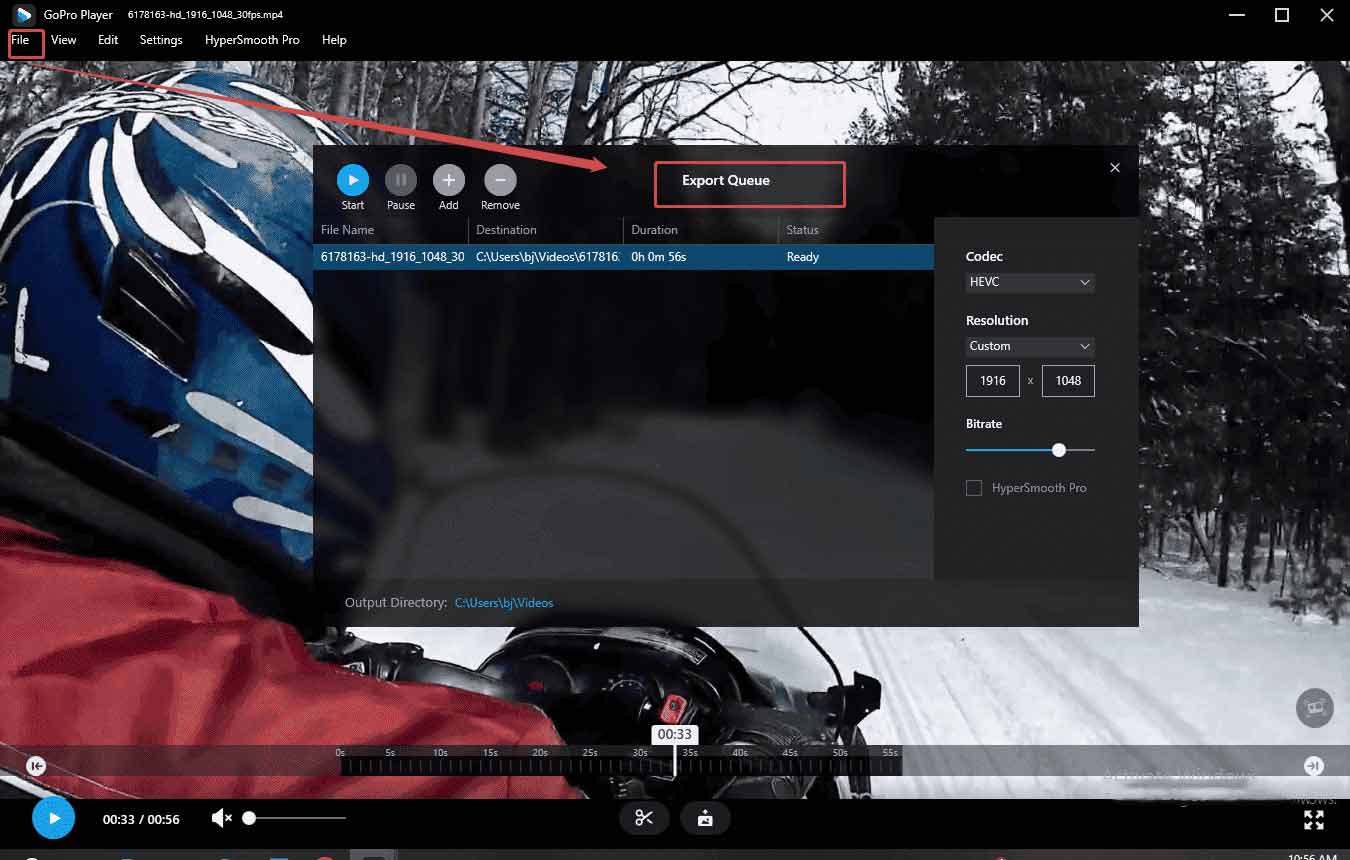Click Export Queue to batch export videos in GoPro Player