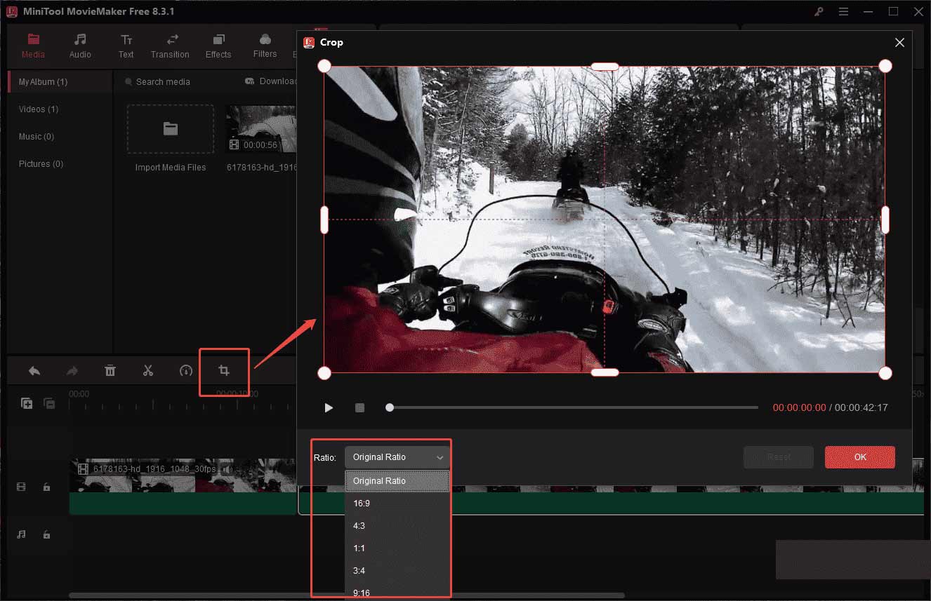 Click Crop to reset your screen frame in MiniTool MovieMaker