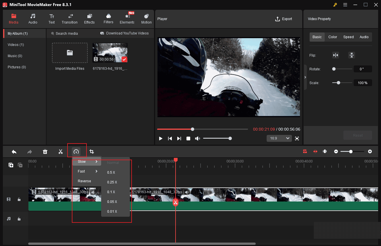 Click Speed to select Slow, Fast, and Reverse options for your video in MiniTool MovieMaker