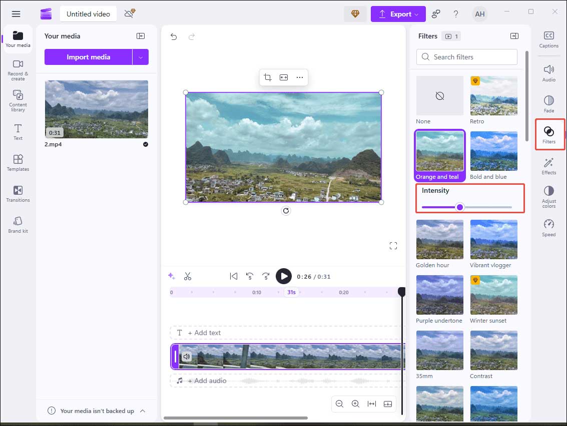 Add the desired filter to the video and move the Intensity slider to adjust it
