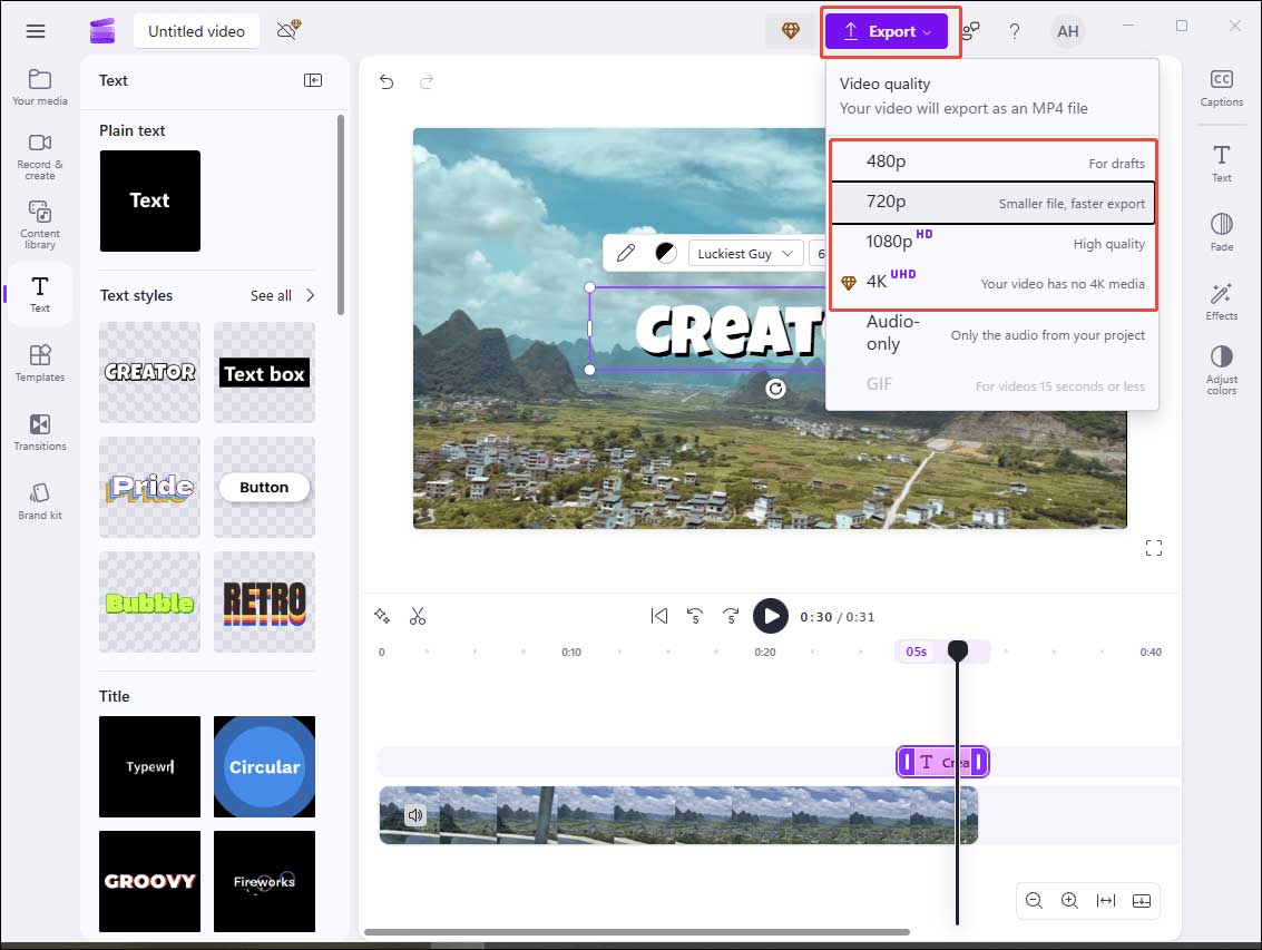Click Export to select the desired resolution to save the video to the computer