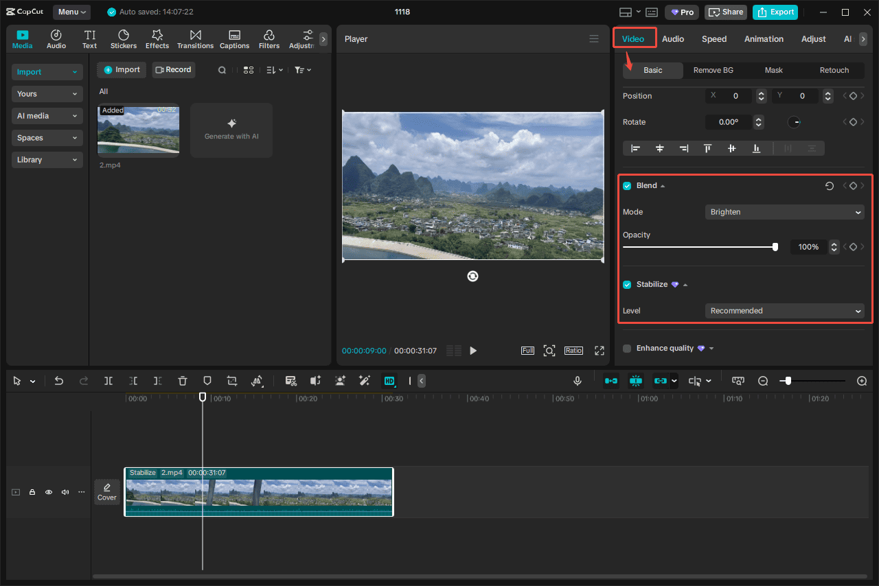 Click the Blend icon to pick Brighten mode and hit Stabilize to improve video quality