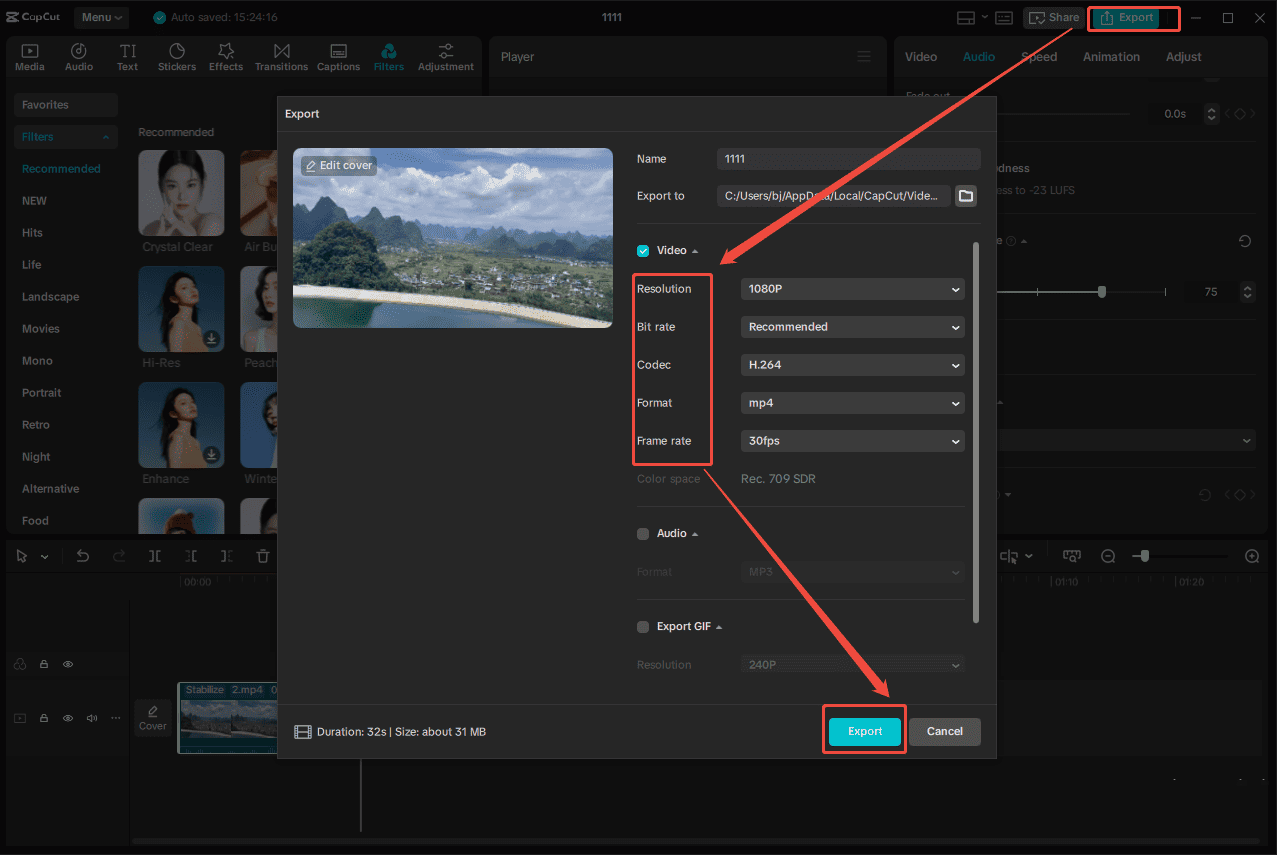 Click Export to customize the video property, and click Export again to save the video to your computer