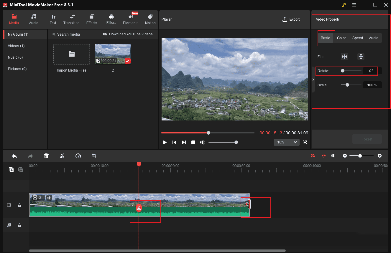 Click the Rotate slider on the Video property to change the video angle and click the Split icon to separate clips