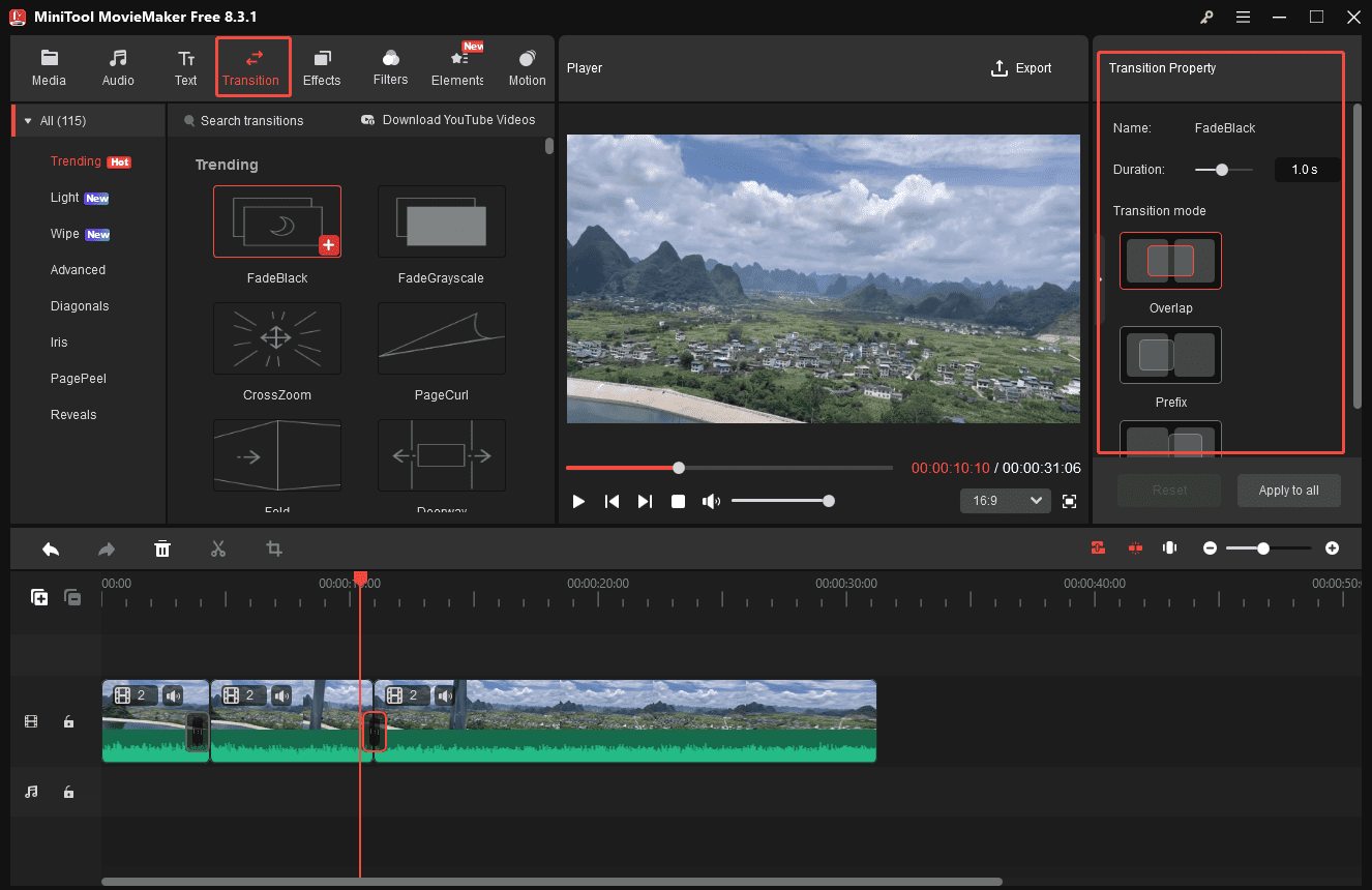 Click Transition and add the desired one to connect clips and customize the transition on the Transition Property panel