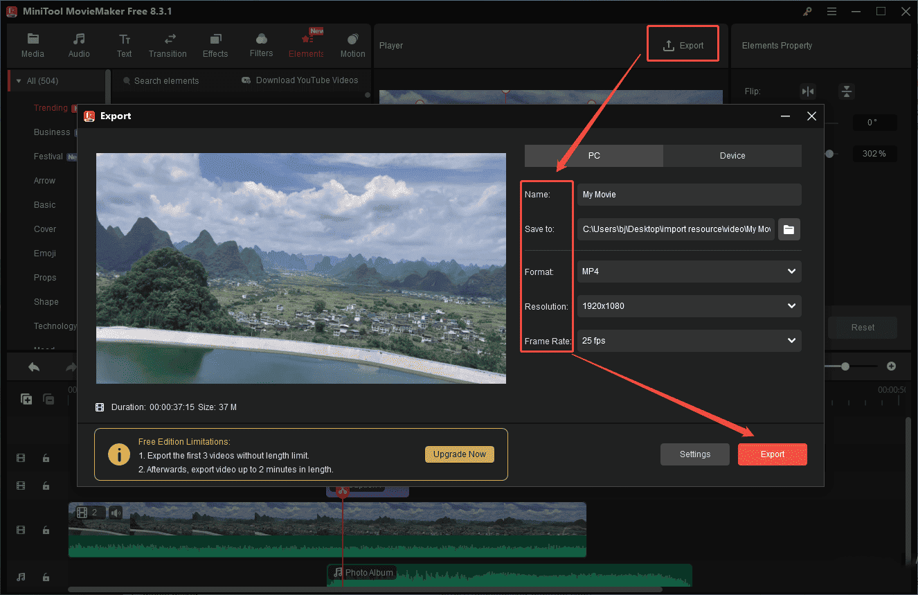 Click Export and customize the video property to save it to the computer in MiniTool MovieMaker