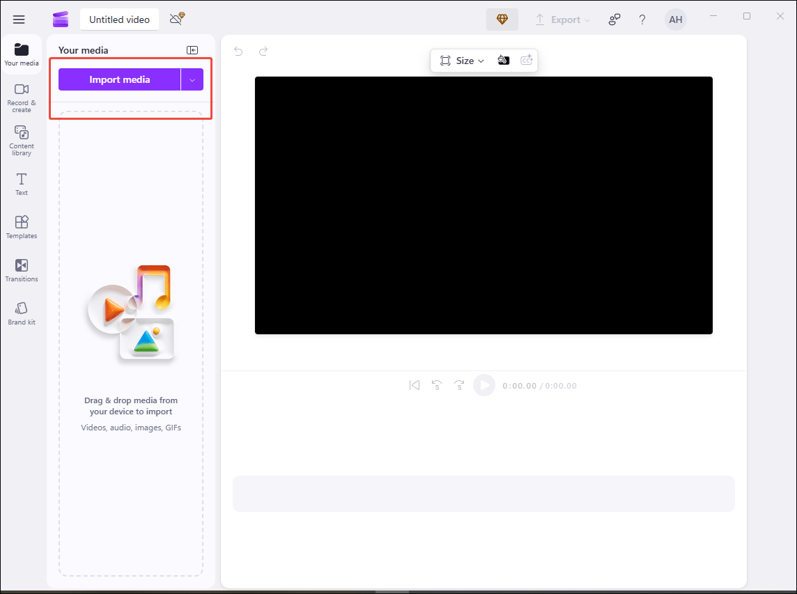 Click Import media to upload your video from the computer in Microsoft Clipchamp