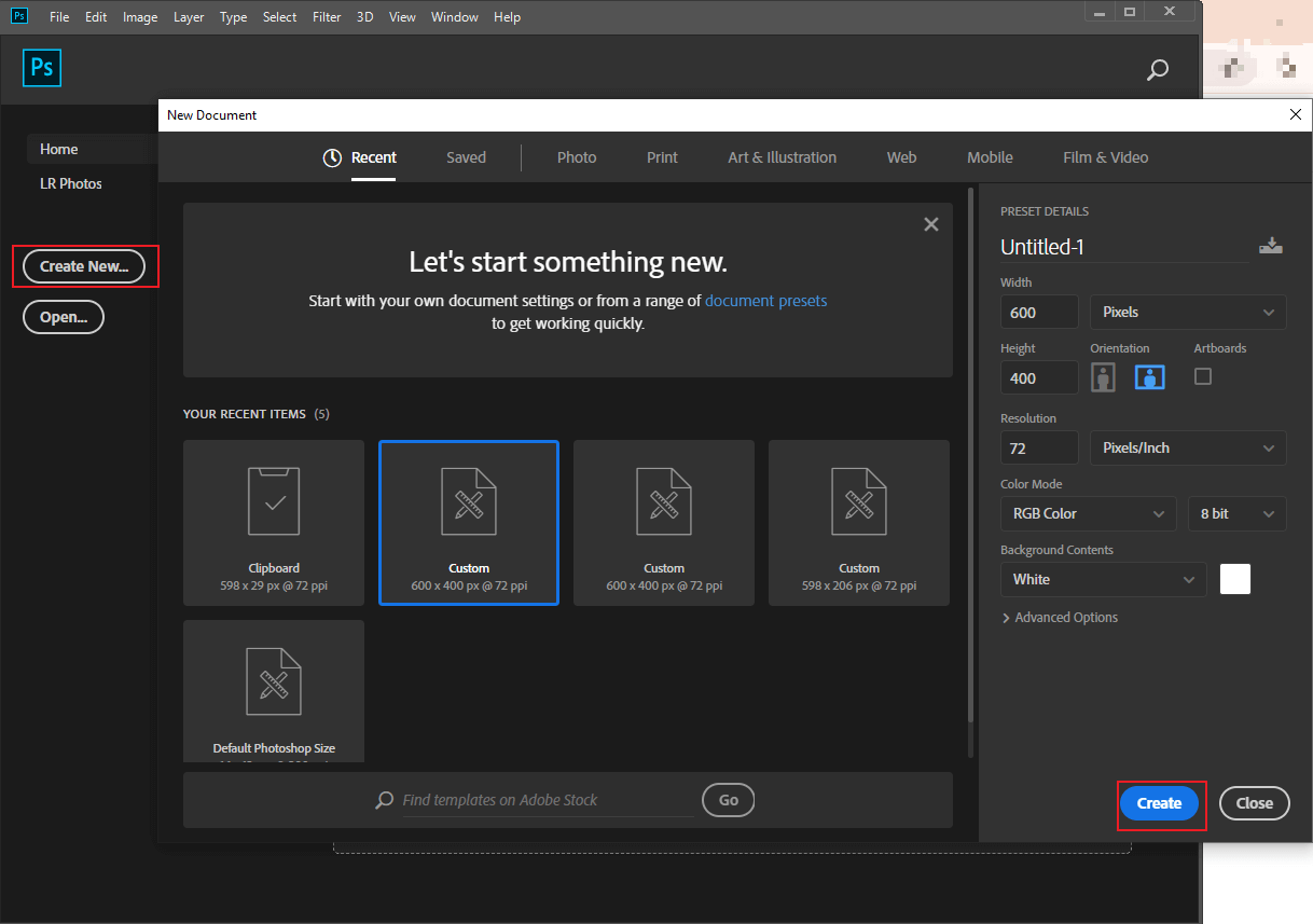 Start a new project in Photoshop