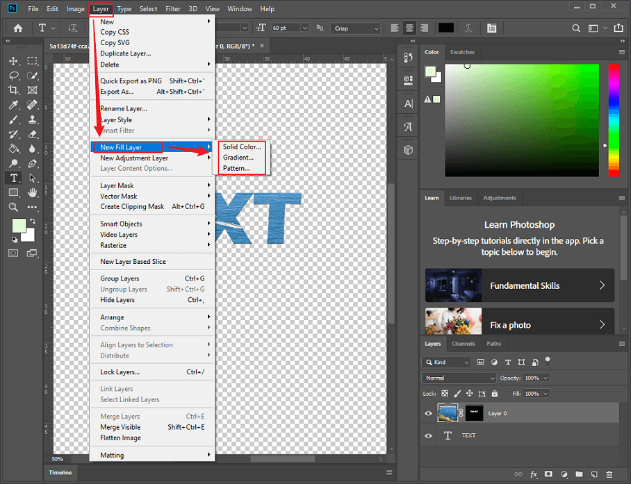 Add a new fill layer in Photoshop