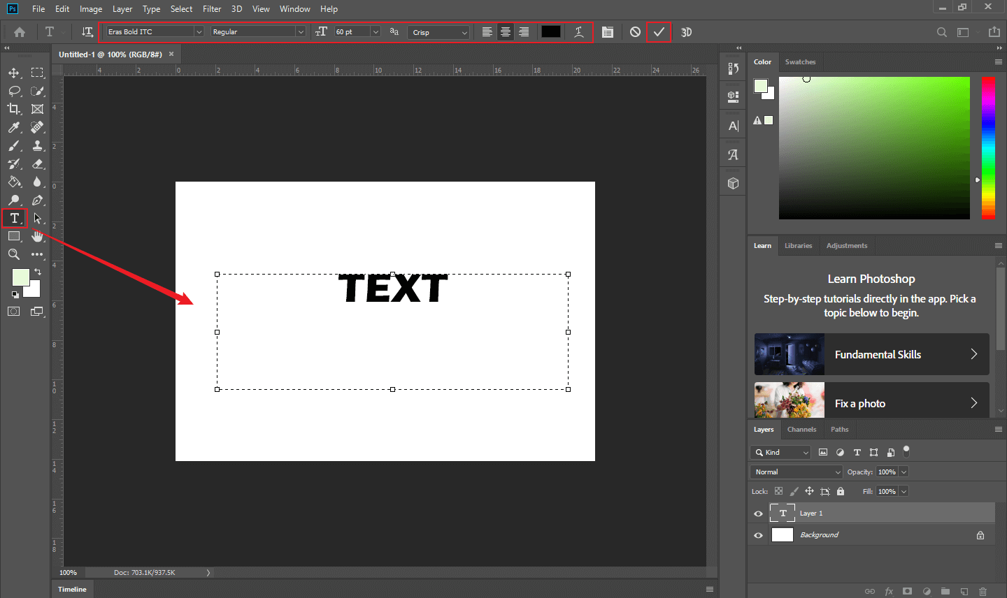 Input the desired text and adjust it in Photoshop