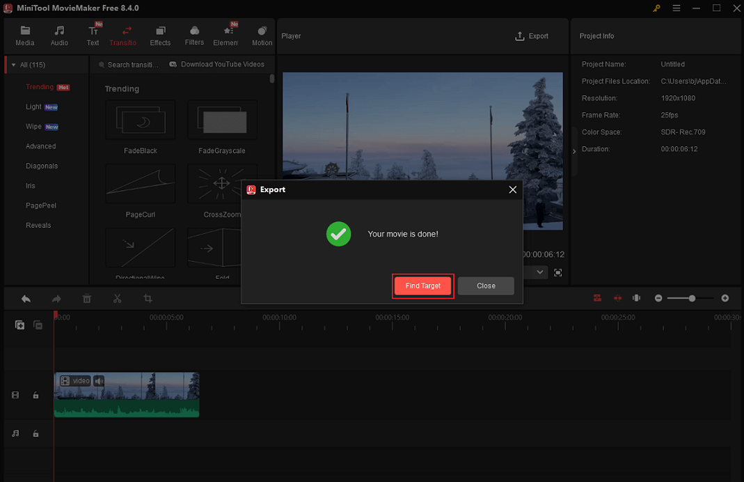 Click the Find Target button in MiniTool MovieMaker to locate the car vlogging video