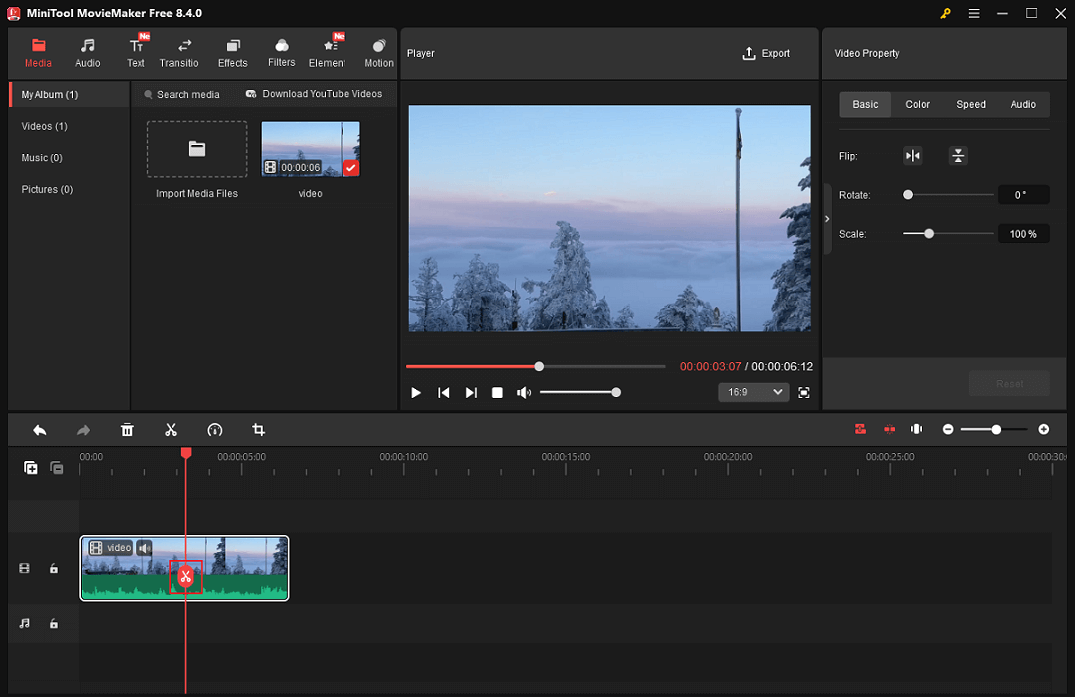 Drag the red playhead to the place you want to split the video and click the Scissors icon to split it in MiniTool MovieMaker
