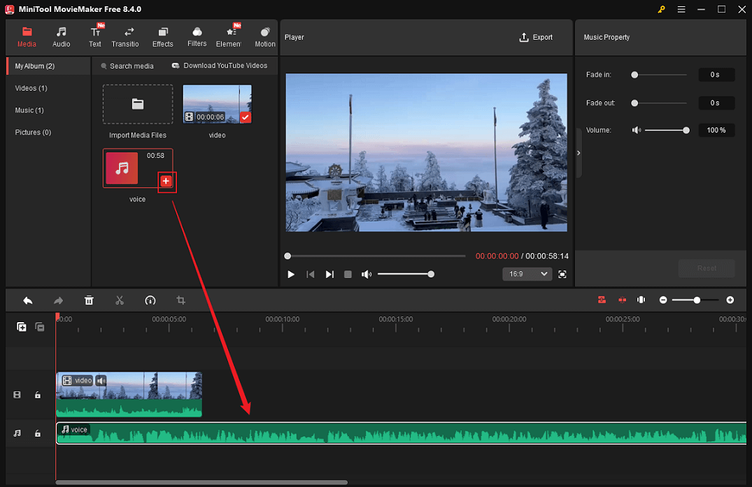 Place the mouse on the added audio and click the Plus icon to add audio to the audio track in MiniTool MovieMaker