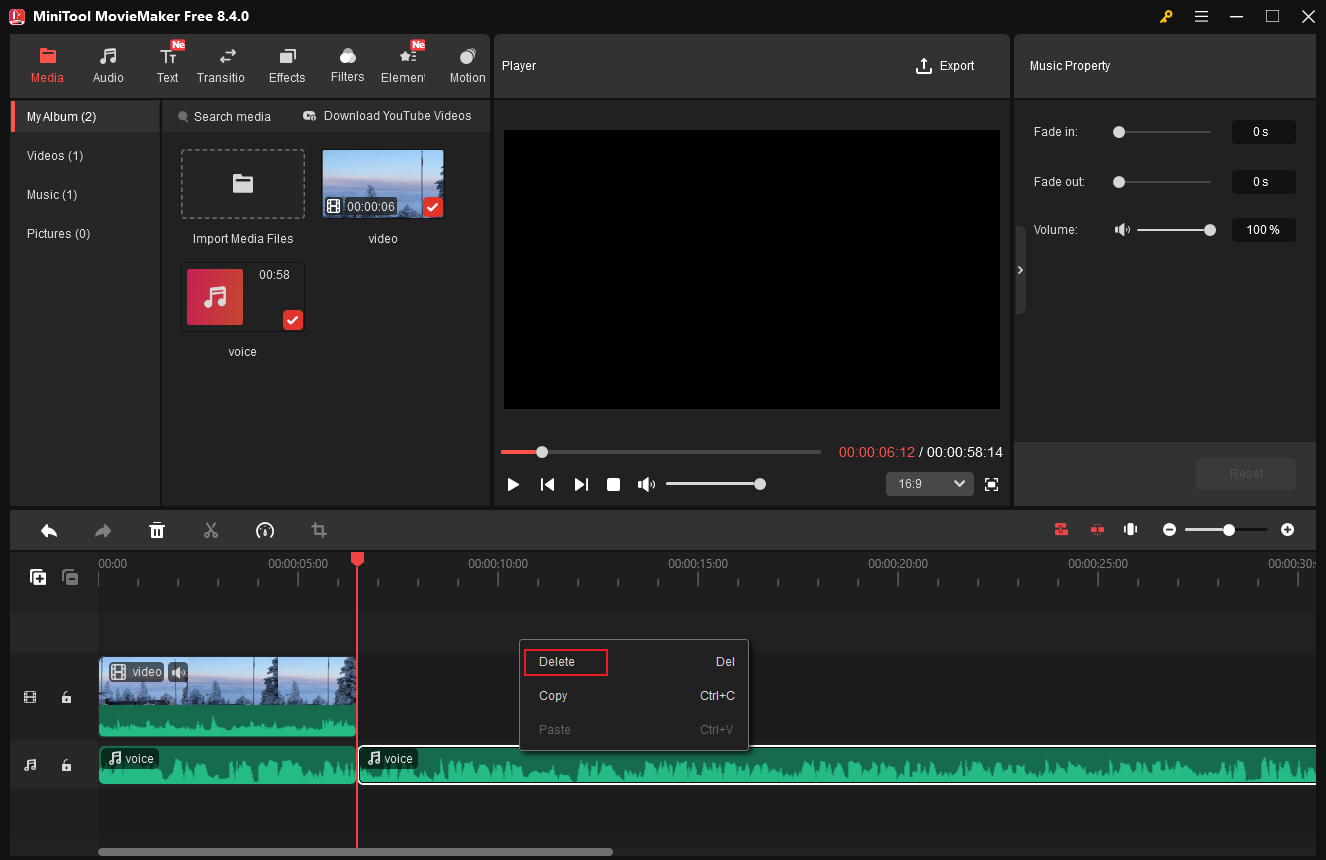 Right-click the unwanted audio part and click the Delete option to remove the spare part in MiniTool MovieMaker