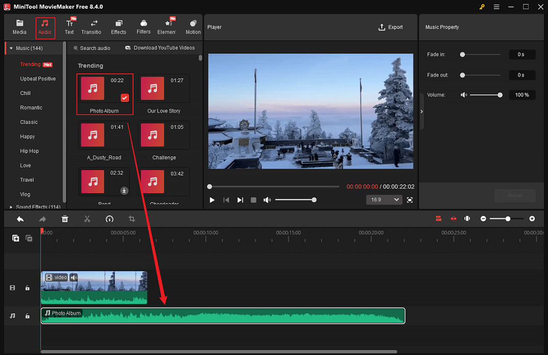 Go to the Audio section, select the audio you want, and drag it to the audio track in MiniTool MovieMaker
