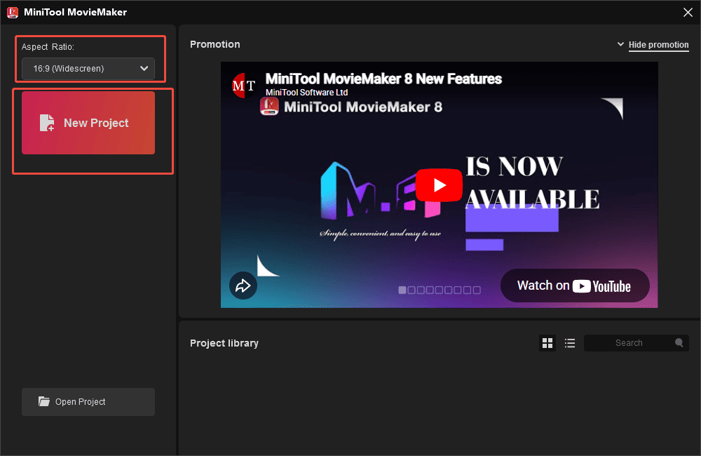 Select Aspect ratio and click New Project to start editing in MiniTool MovieMaker