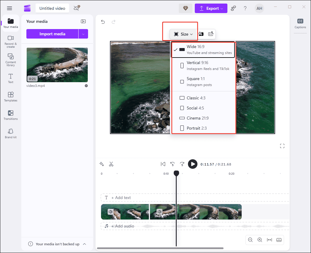 Click the Size icon to select the preferred aspect ratio in Clipchamp