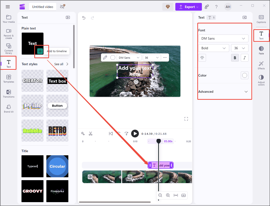 Click Text in the left to select the desired one and adjust the basic property in the right toolbar