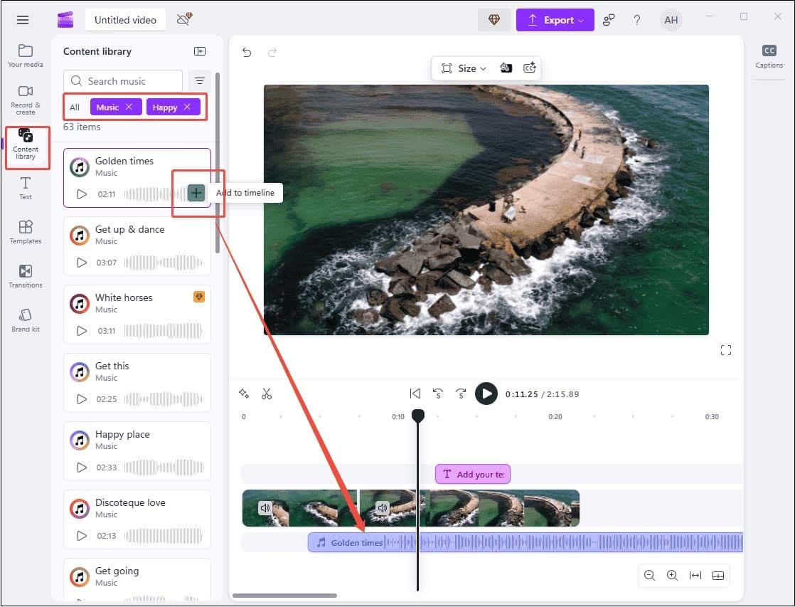 Click Content Library and select Music to add it to the timeline in Clipchamp