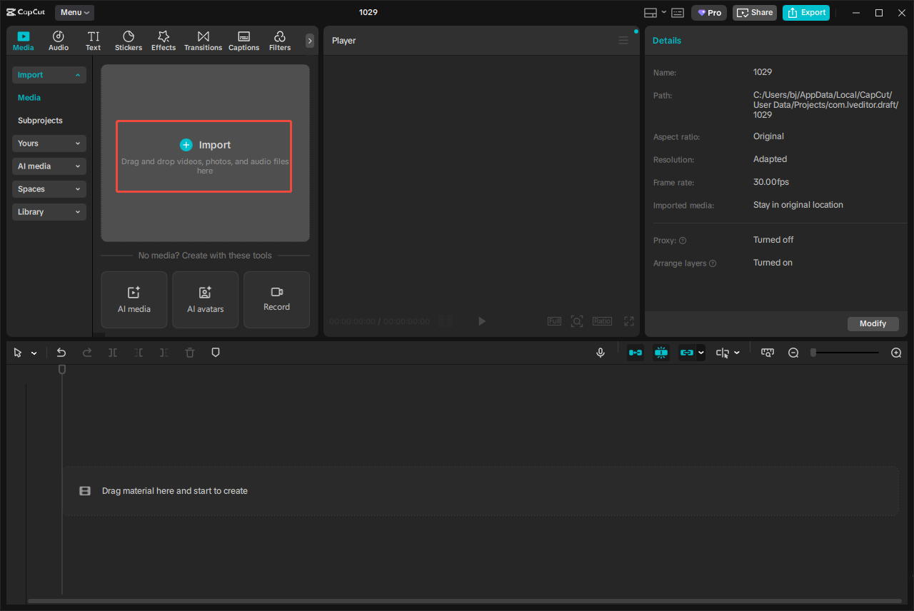 Click Import to upload your video from your computer in CapCut
