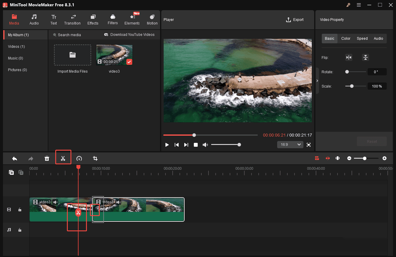 Click Scissors to split the video and drag the edges of the clip to trim in MiniTool MovieMaker