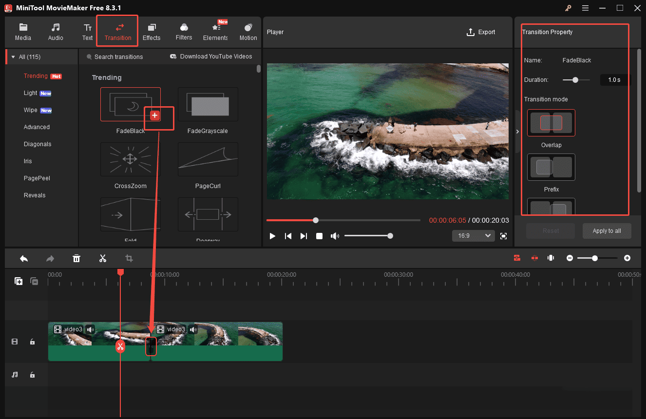 Click the Transition tab to add the desired one to your clip and adjust the property in the right panel