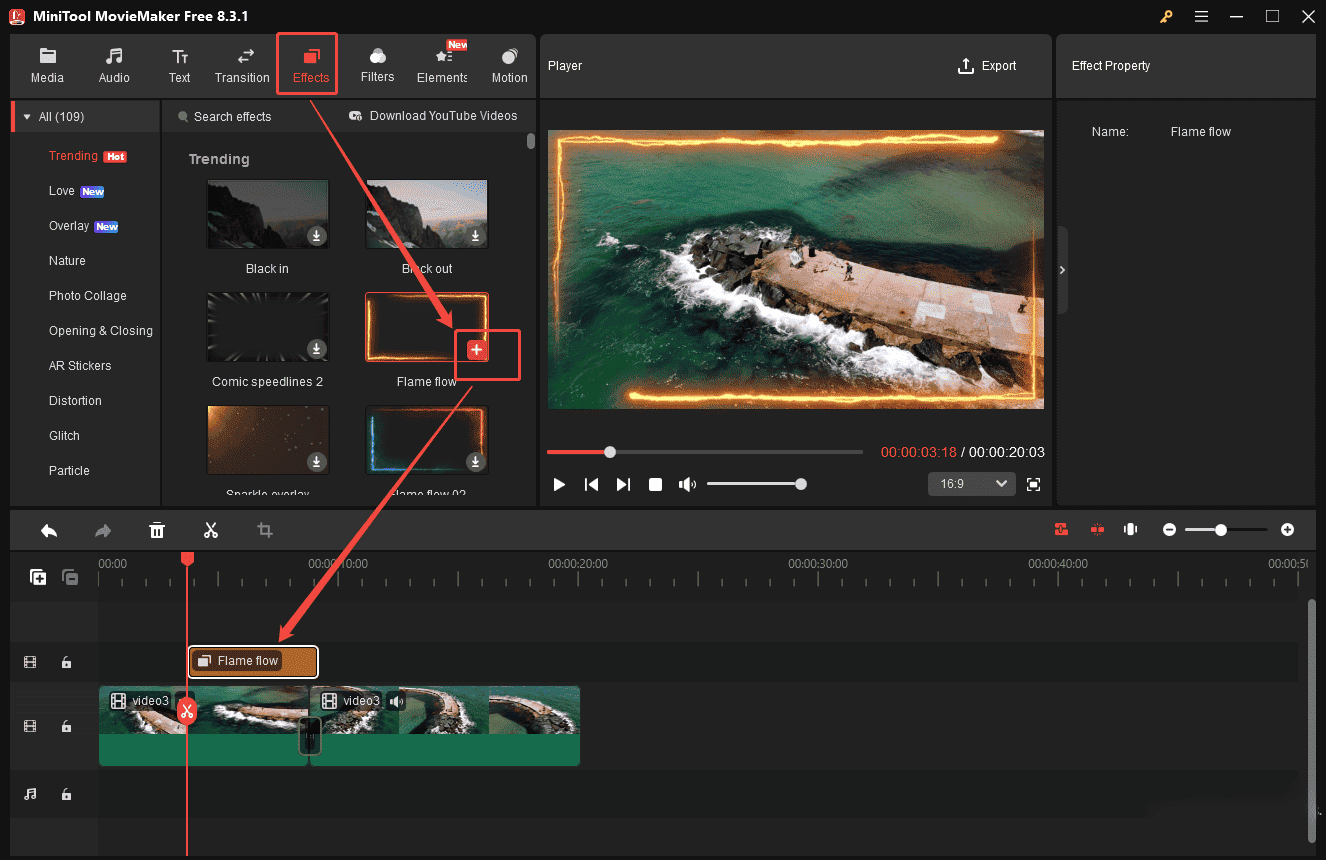 Click the Effects tab to apply the desired one to your video in MiniTool MovieMaker
