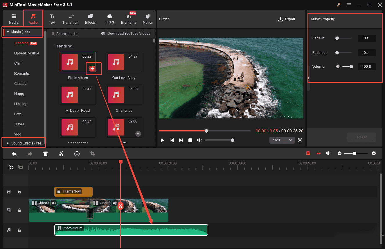 Click Audio tab to add Music and Sound effects and adjust the property in the right panel