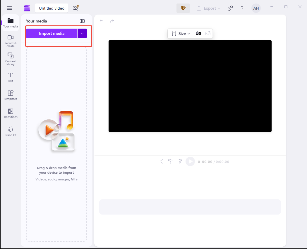 Click Import media to upload your video in Clipchamp