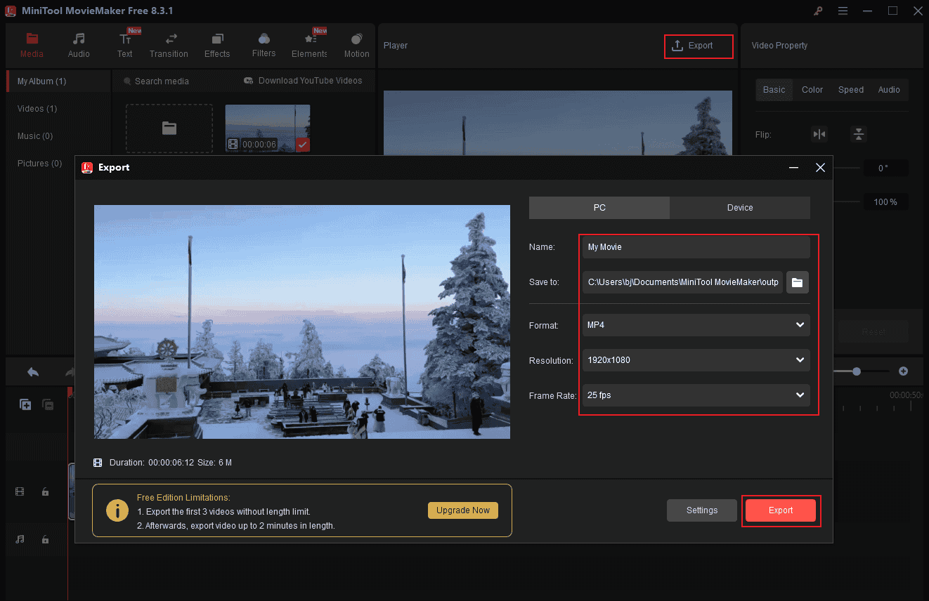 Set the output video settings and click Export in MiniTool MovieMaker’s Export window to export the makeup tutorial video