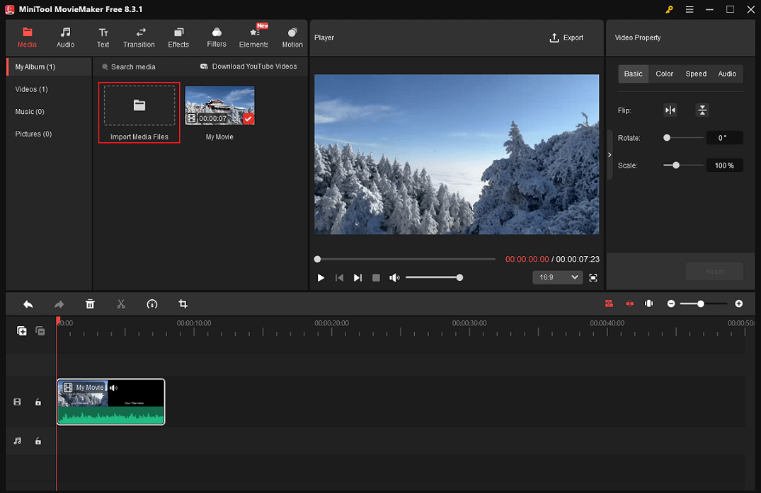 Click the Import Media Files option in MiniTool MovieMaker to import audio from the local folder