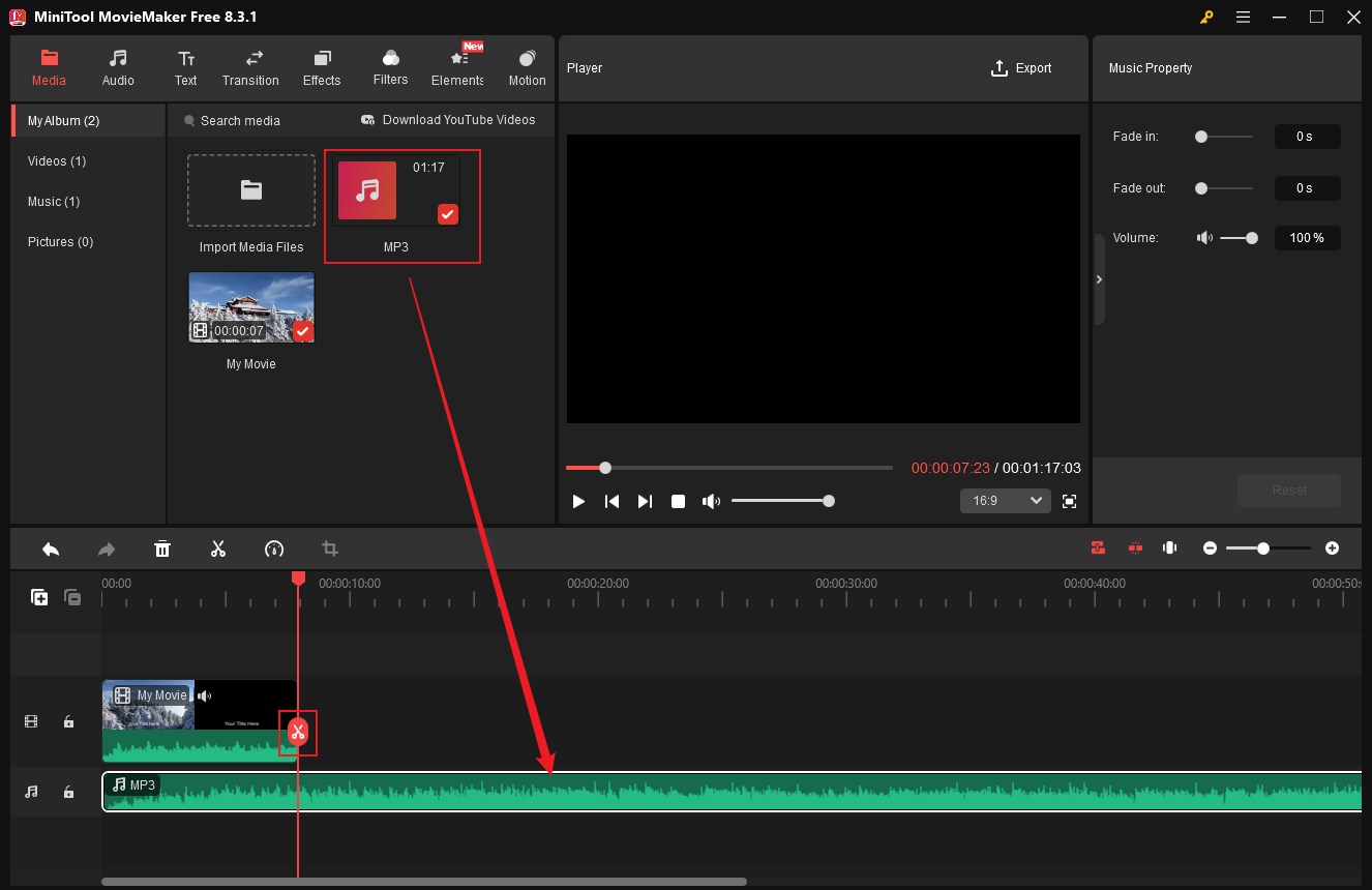 Drag the playhead to the end of the video, click the audio on the track, and click the Scissors icon to split the audio in MiniTool MovieMaker
