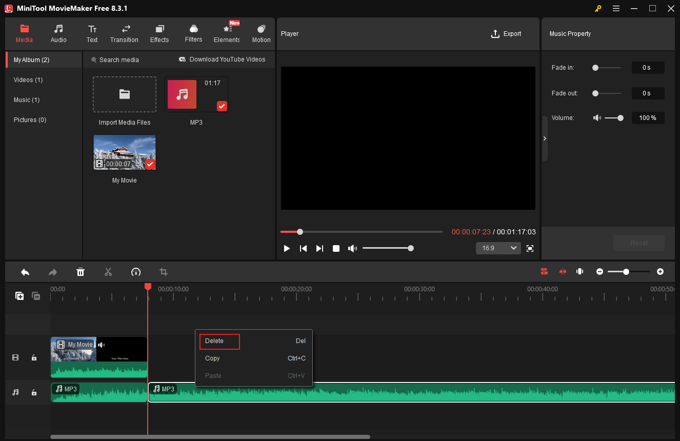 Right-click the unwanted audio part and click the Delete option to remove it in MiniTool MovieMaker