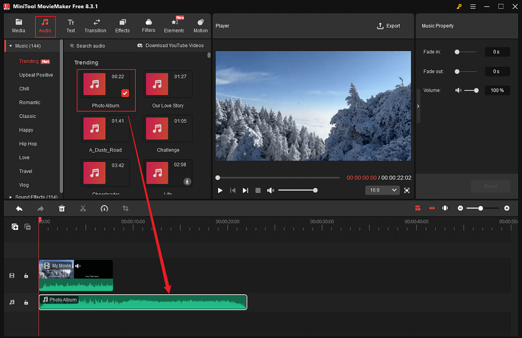 Go to the Audio section, download the audio you want, and drag it to the audio track in MiniTool MovieMaker
