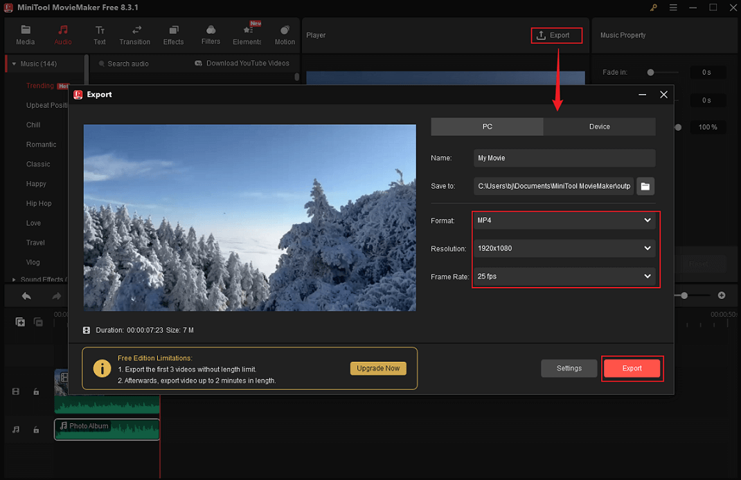 Go to the Export window, set the output parameters, and click on the Export button in MiniTool MovieMaker to export the video