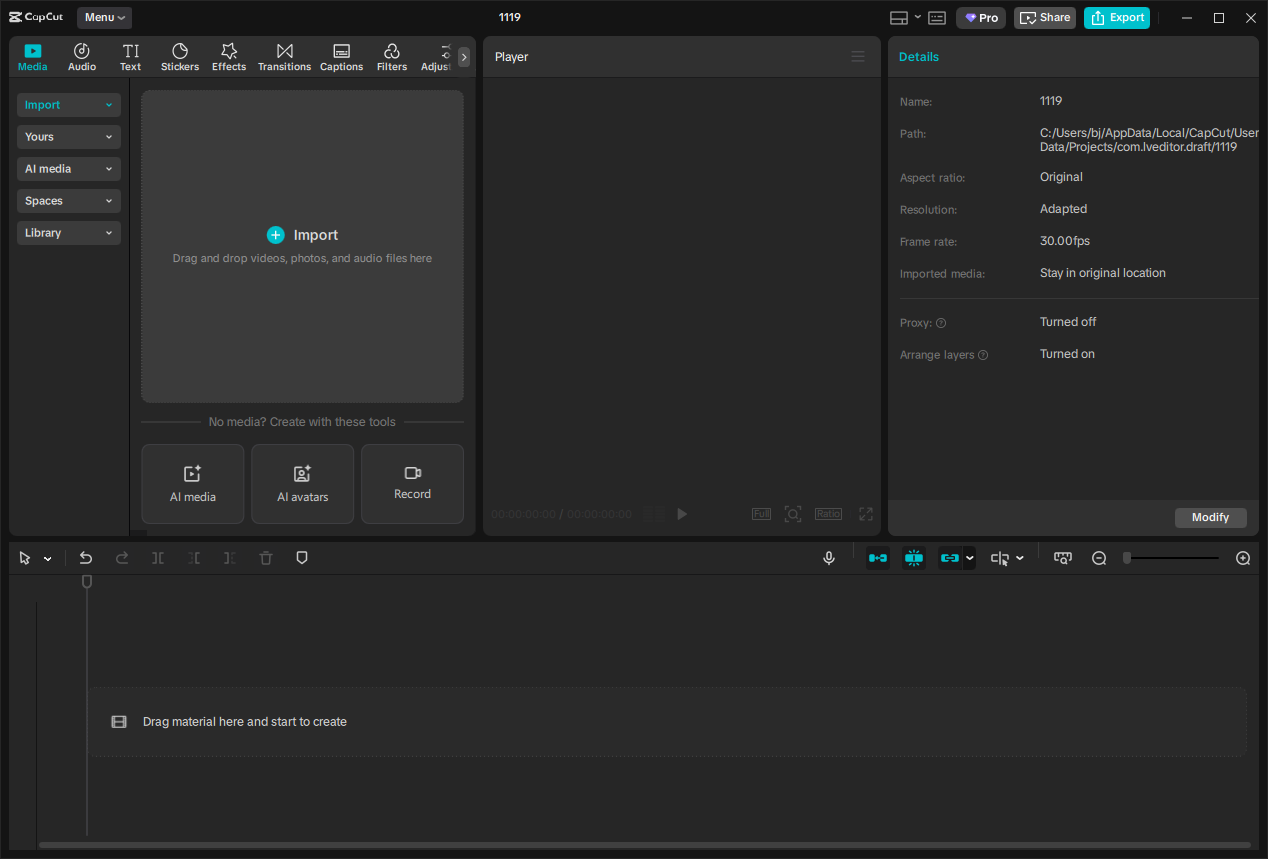 The main user interface of CapCut.