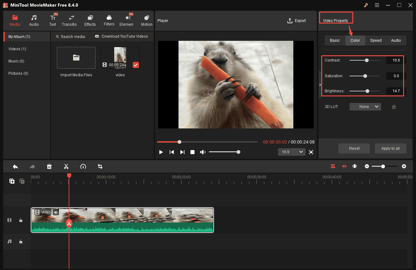 MiniTool MovieMaker interface with the Contrast, Saturation, and Brightness highlighted from the Color option.