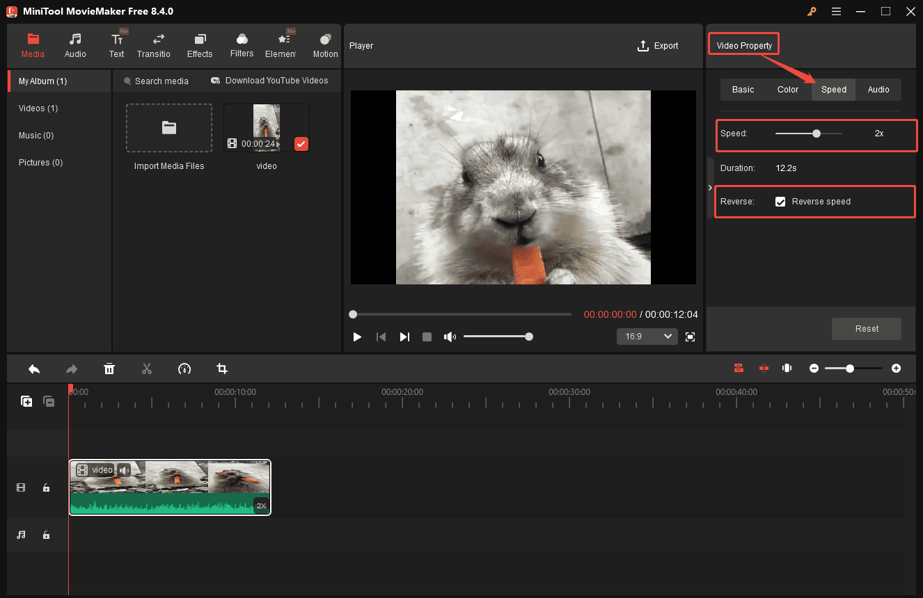 MiniTool MovieMaker interface with the 2X speed and Reverse speed selected from the Speed option.