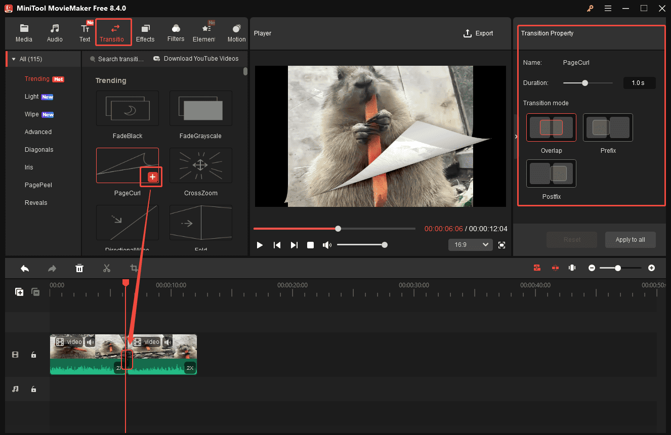 MiniTool MovieMaker interface that shows how to add and adjust transitions.