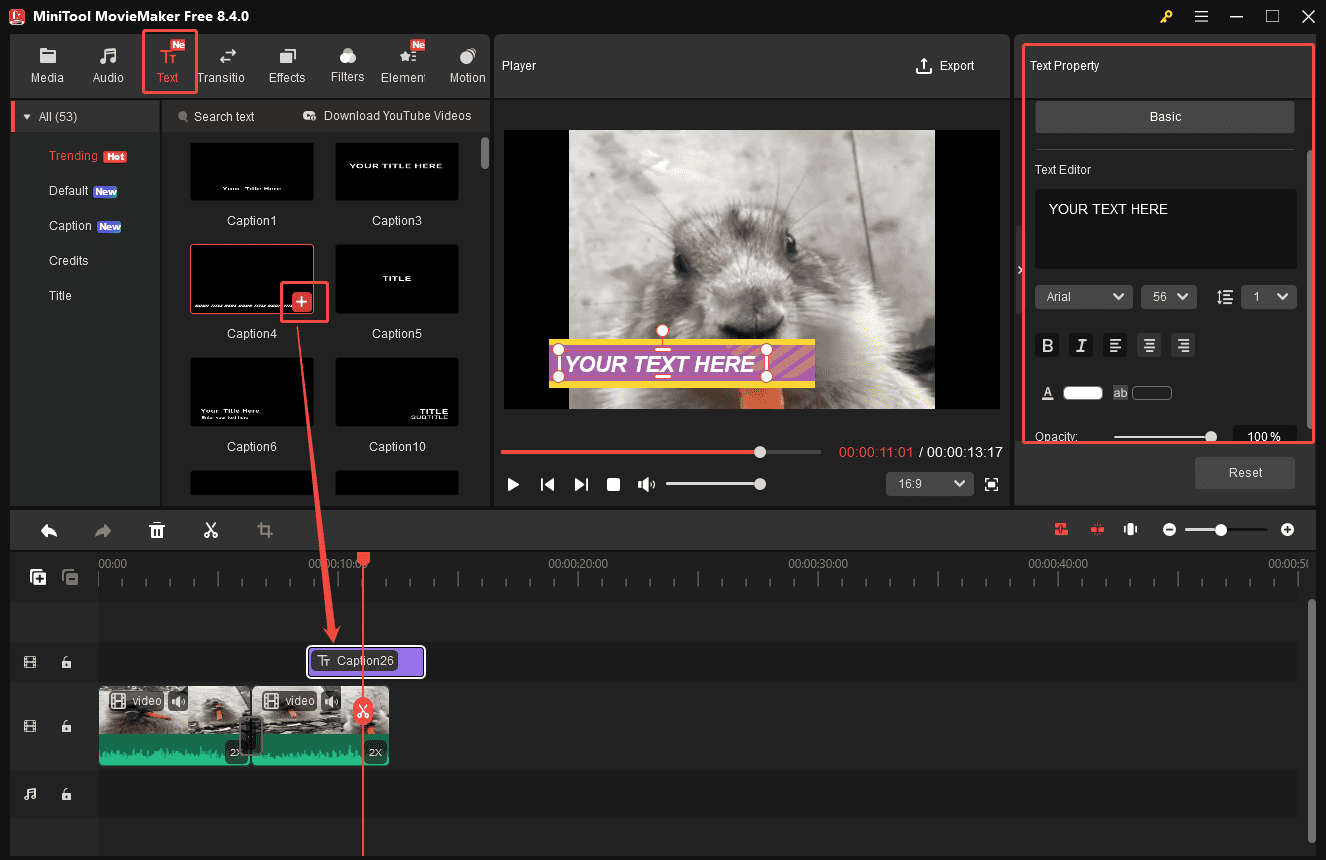 MiniTool MovieMaker interface that shows how to add text and adjust the text properties.