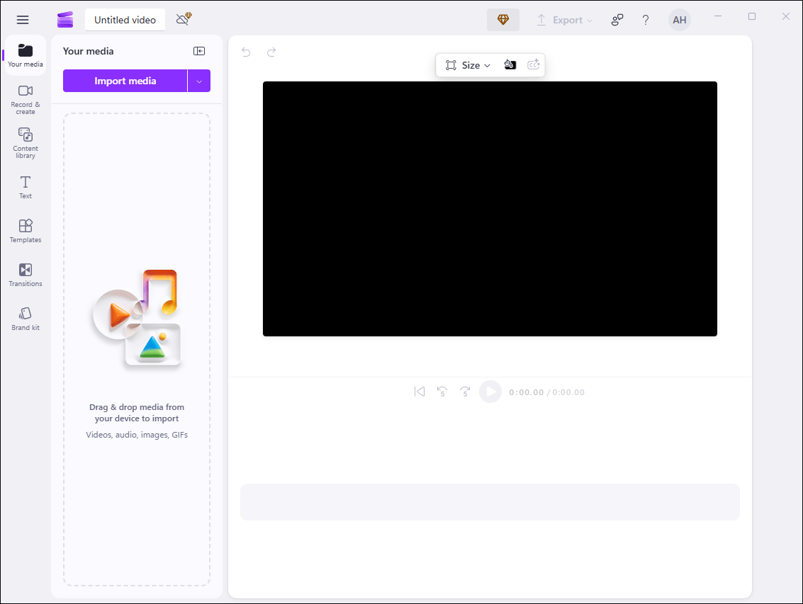 The main user interface of Microsoft Clipchamp.