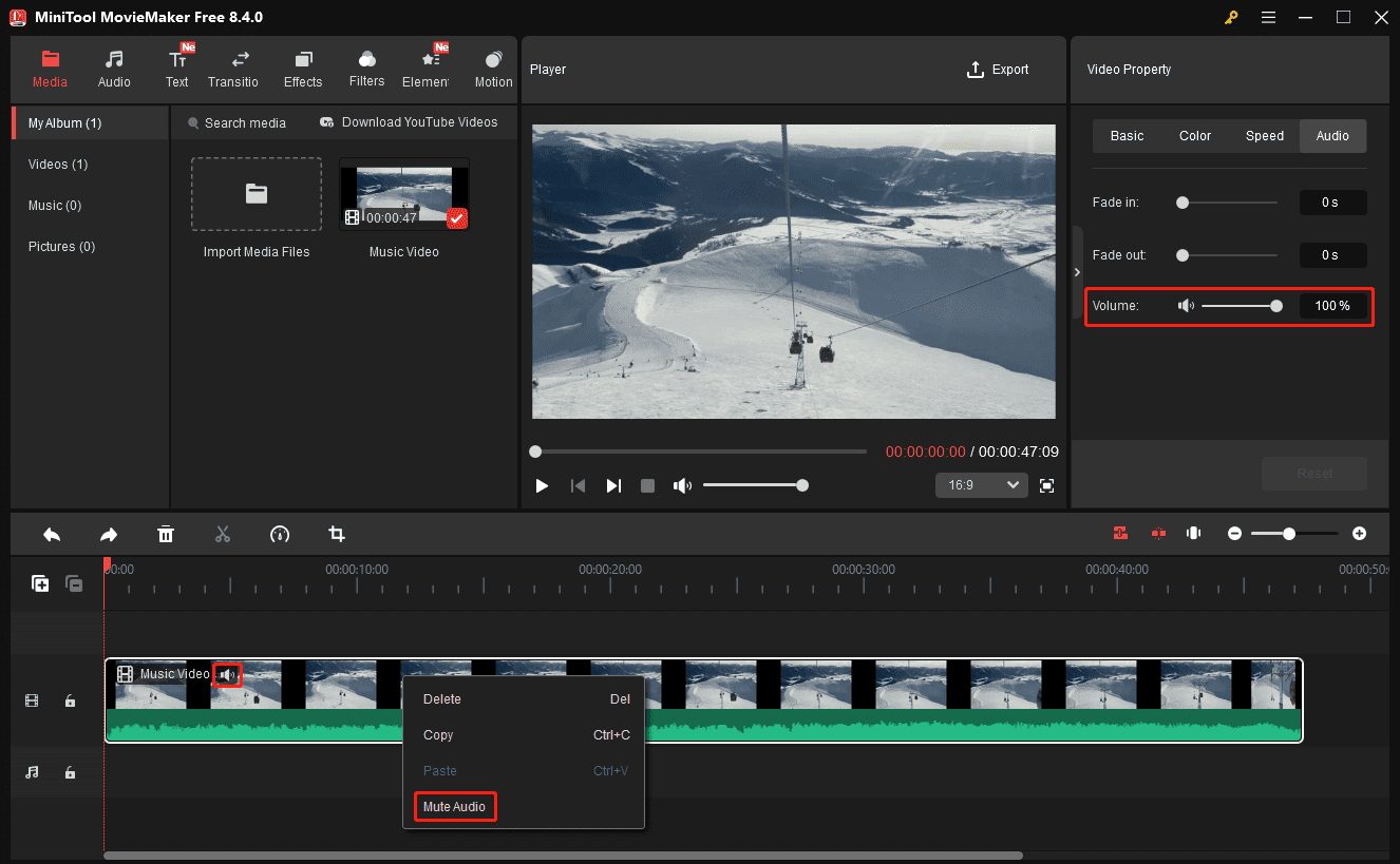 MiniTool MovieMaker interface that shows how to remove audio from a MOV file.