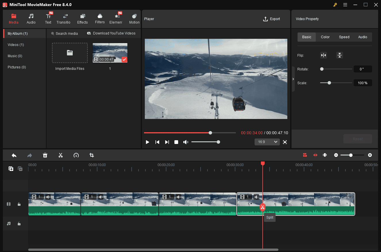 The Red Split icon on the playhead in MiniTool MovieMaker.