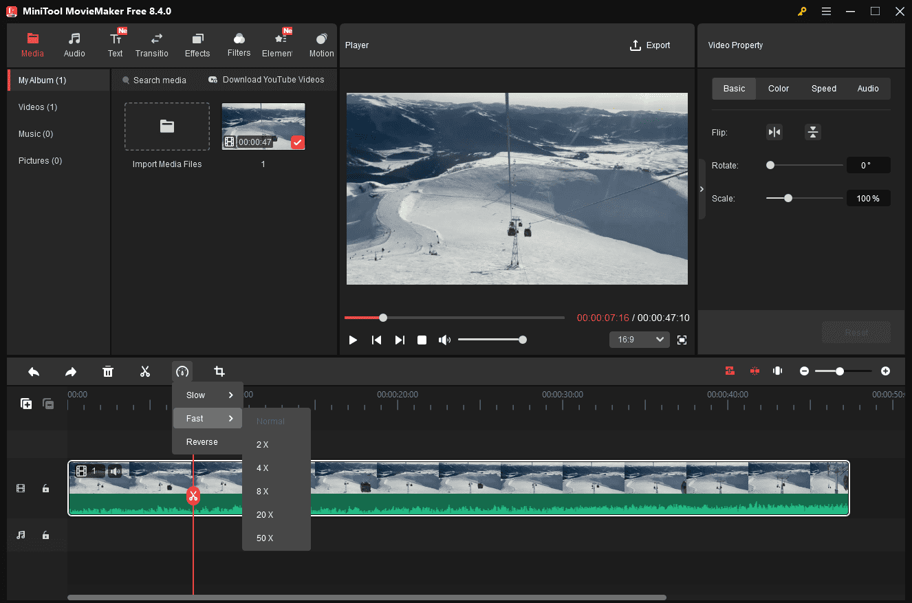 The enabled Fast dropdown list at the bottom of the MiniTool MovieMaker interface.