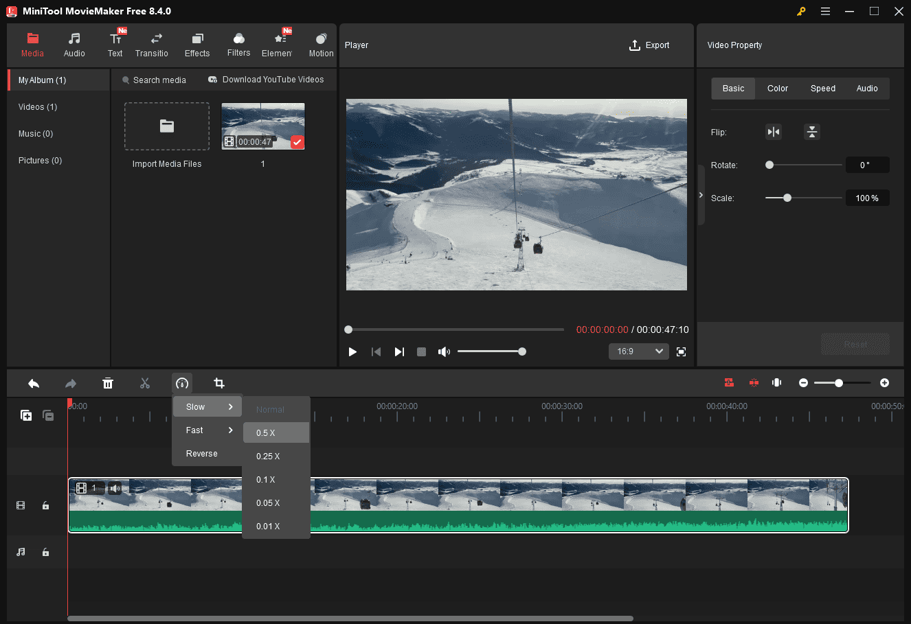 MiniTool MovieMaker interface with the 0.5X speed selected from the Speed dropdown list.